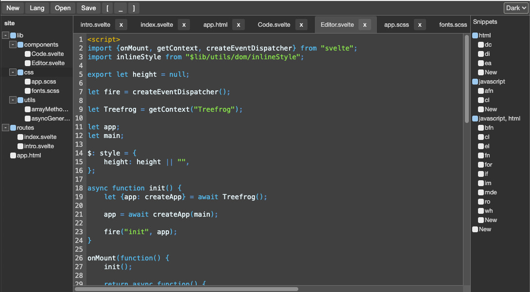 A screenshot of the Treefrog editor in darkmode.